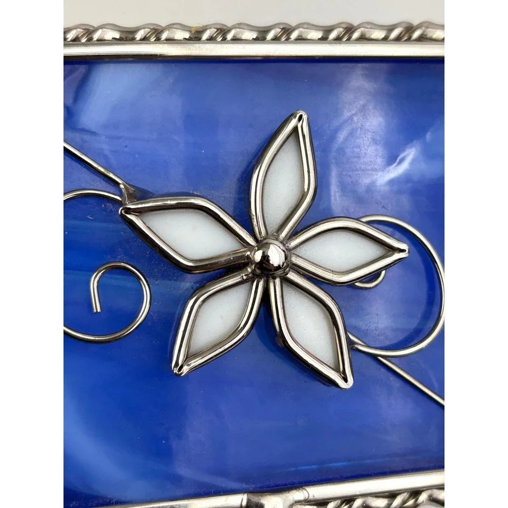 Vintage Blue Slag Glass Jewelry Trinket Box Silver Tone‎ Hinged Lid